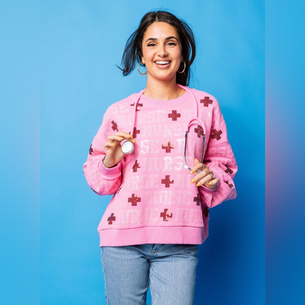 QUEEN OF SPARKLES Pink Sequin NURSE Allover Sweatshirt NWT